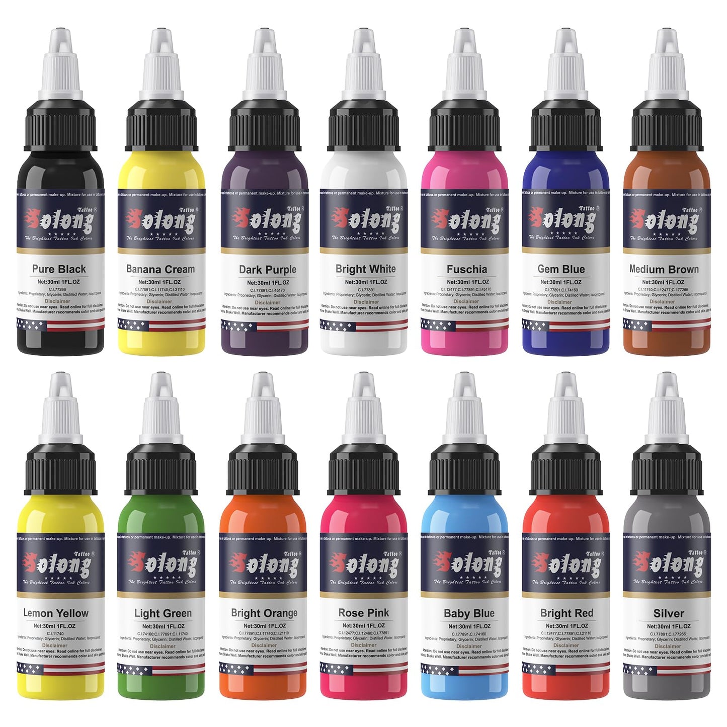 14PCS Tattoo Ink Color Set, Solong 1oz (30ml) Pigment Kit Color Tattoo Ink TI302-30-14-US
