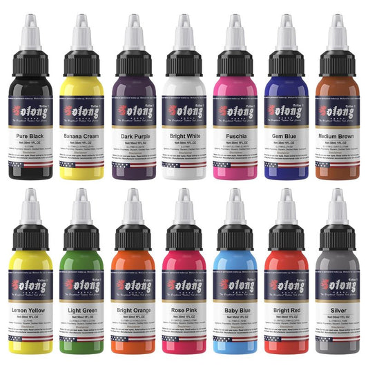 14PCS Tattoo Ink Color Set, Solong 1oz (30ml) Pigment Kit Color Tattoo Ink TI302-30-14-US