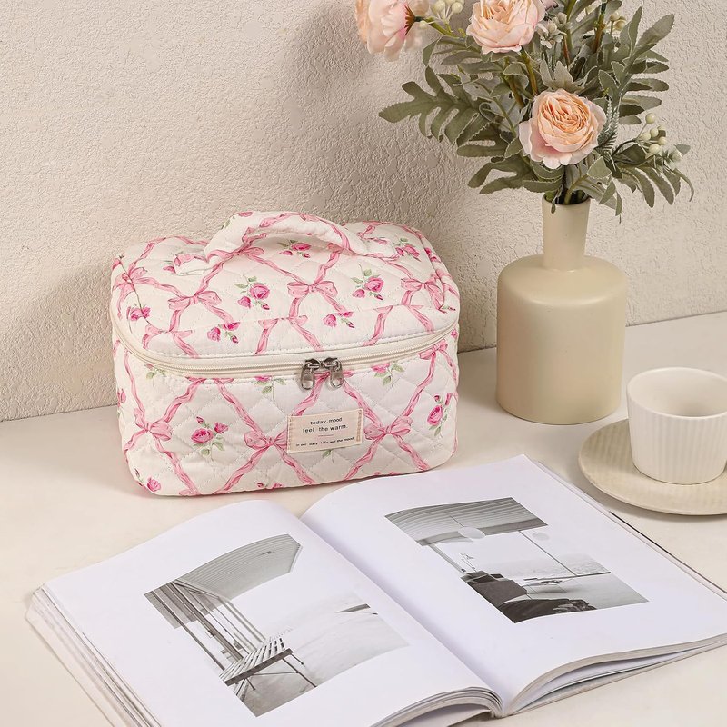 Large Quilted Makeup Bag - Cotton Floral Toiletry Bag for Women | Cute Kawaii Travel Cosmetic Organizer (Pink Bows)