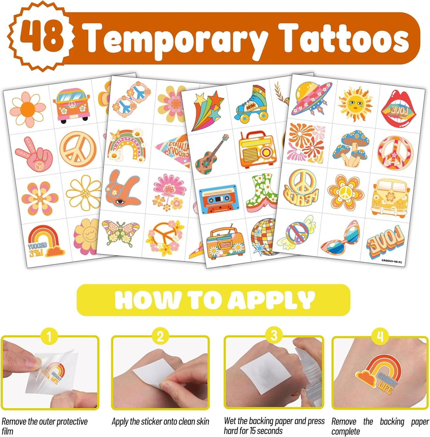 Groovy Party Favors - 72 PCS Set with 48 Pre-Cut Temporary Tattoos & 24 Punch Balloons | Birthday Decorations & Goodie Bag Fillers