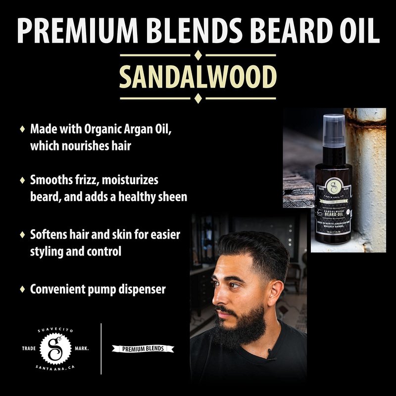 Suavecito Premium Blends Beard Oil - Leave-In Beard Conditioner For Softening Hair, Hydrating Skin, Eliminating Beard Dandruff, Healthy Beard Growth - Sandalwood Fragrance - 1 oz