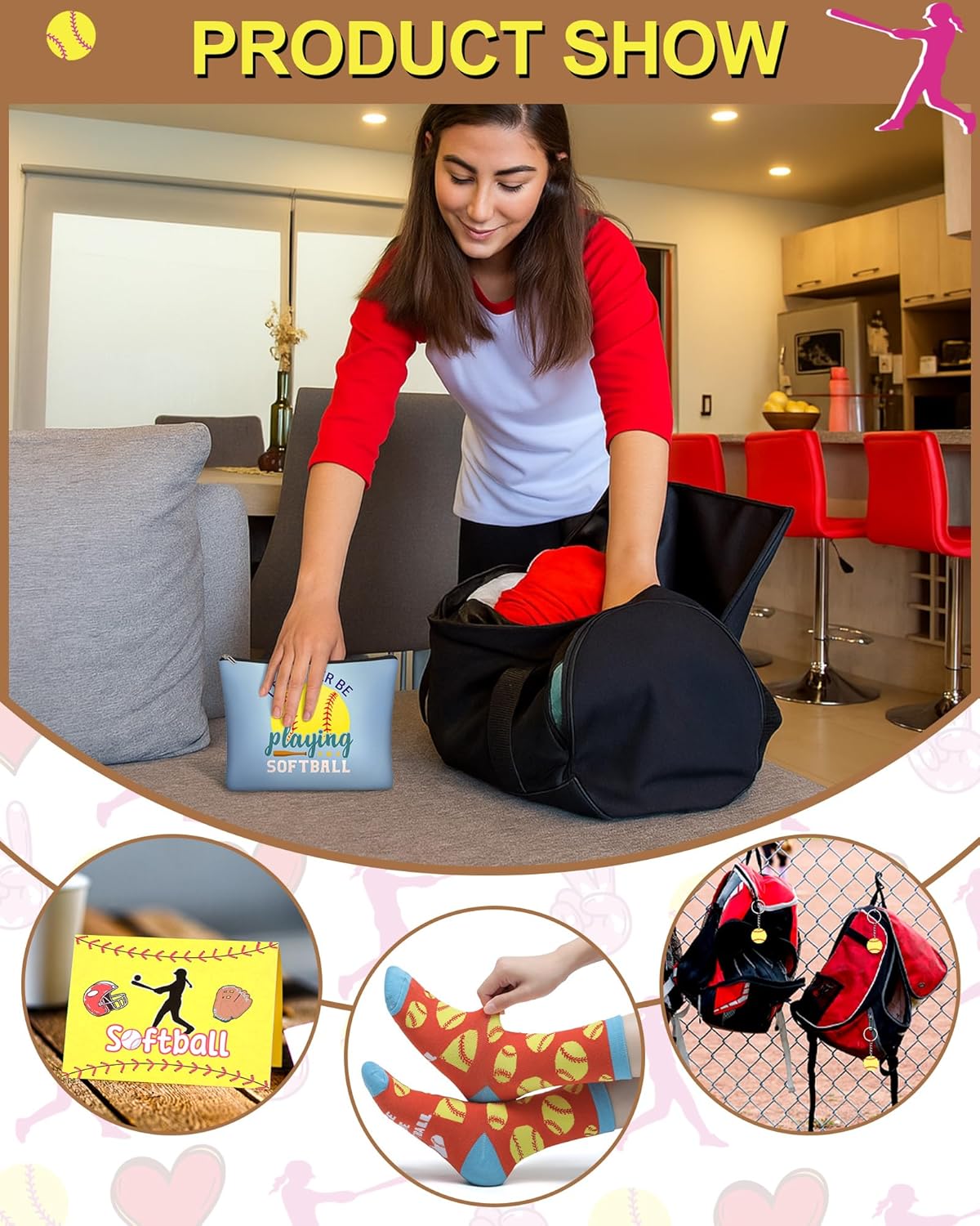 Softball Team Gifts Set - 48 Pcs for Women & Girls | Funny Makeup Bag, Novelty Socks, Keychains & Cards for Senior Night Party Favors