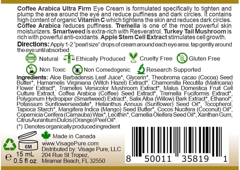 Caffeine Ultra Firm Eye Cream | Hydrating & Firming Treatment for Wrinkles, Puffiness & Dark Circles - Organic Formula