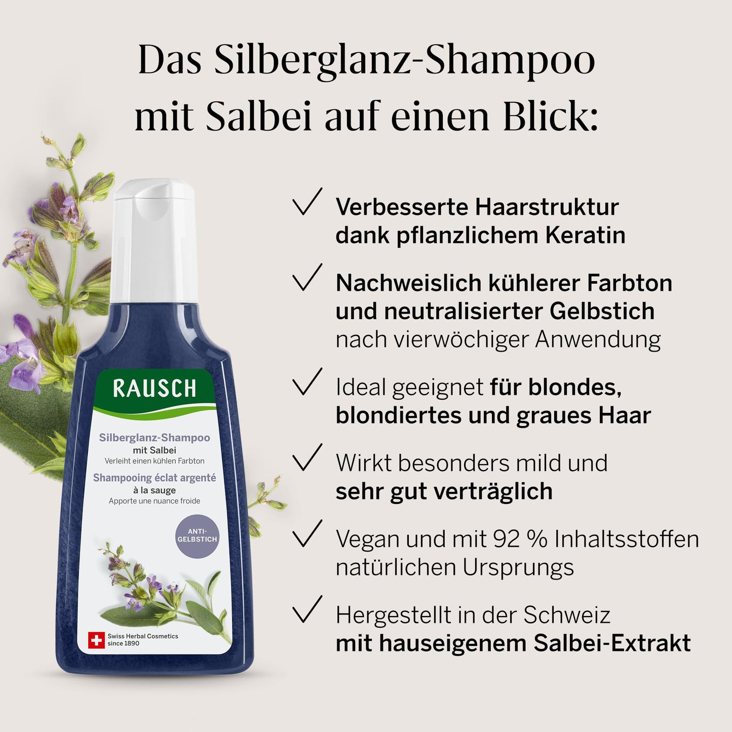Rausch Sage Shampoo, 200 ml - Light Silver Shine - Purple Shampoo for Dry Hair Structure, Hair Treatments, Soothes & Regulates Scalp, Germany