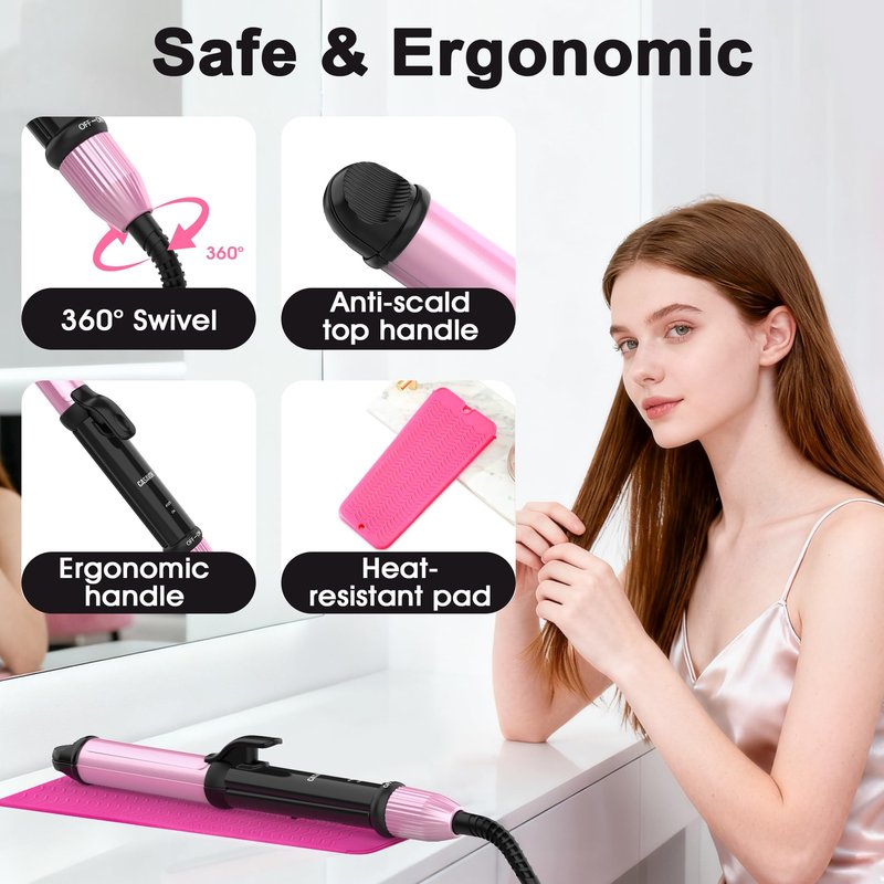 Dual Voltage Curling Iron for Travel,110V-240V Curling Iron 1 inch with European Plug Adapter,2 in 1 Hair Straightener and Curler(Pink)