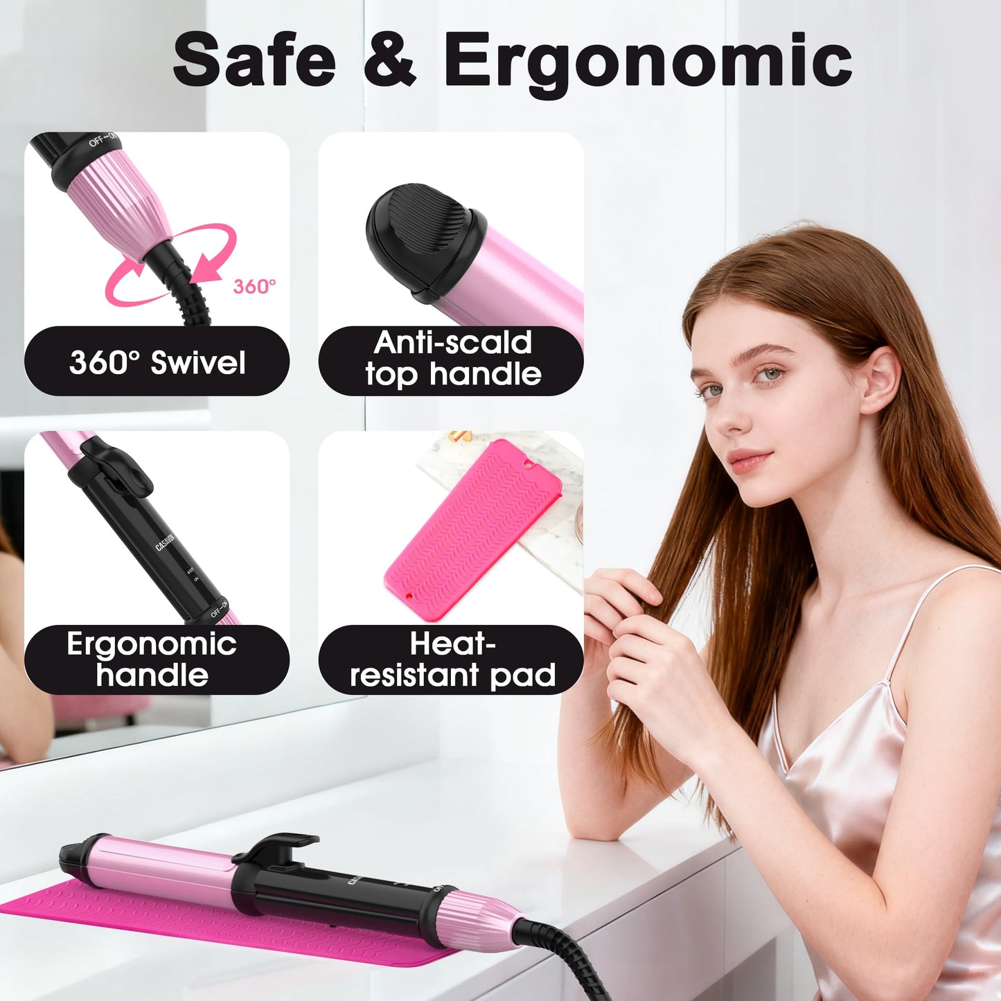 Dual Voltage Curling Iron for Travel,110V-240V Curling Iron 1 inch with European Plug Adapter,2 in 1 Hair Straightener and Curler(Pink)