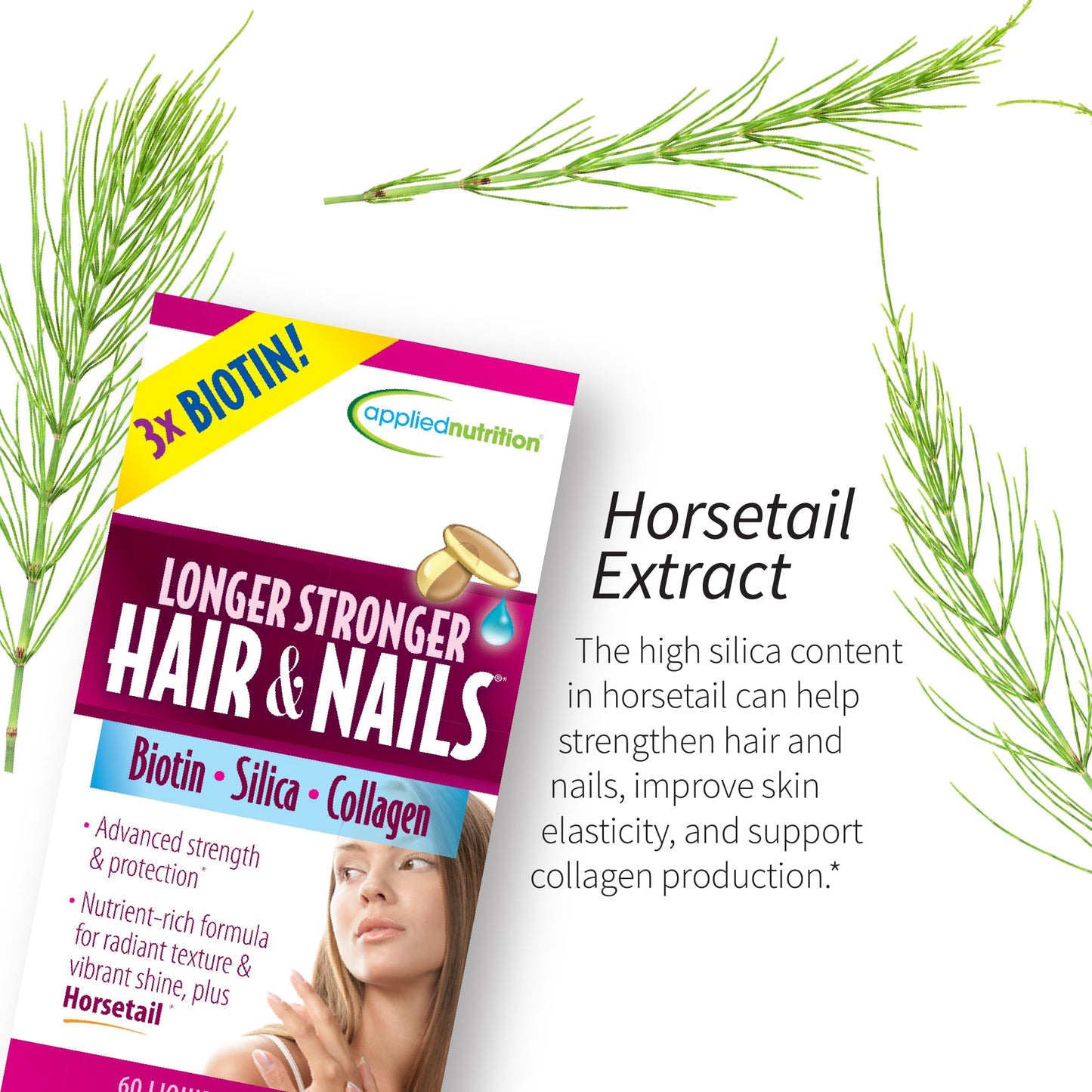 Applied Nutrition Longer Stronger Hair & Nails - 60 Liquid Soft-Gels, Pack of 3 - Biotin, Silica & Collagen - 90 Servings