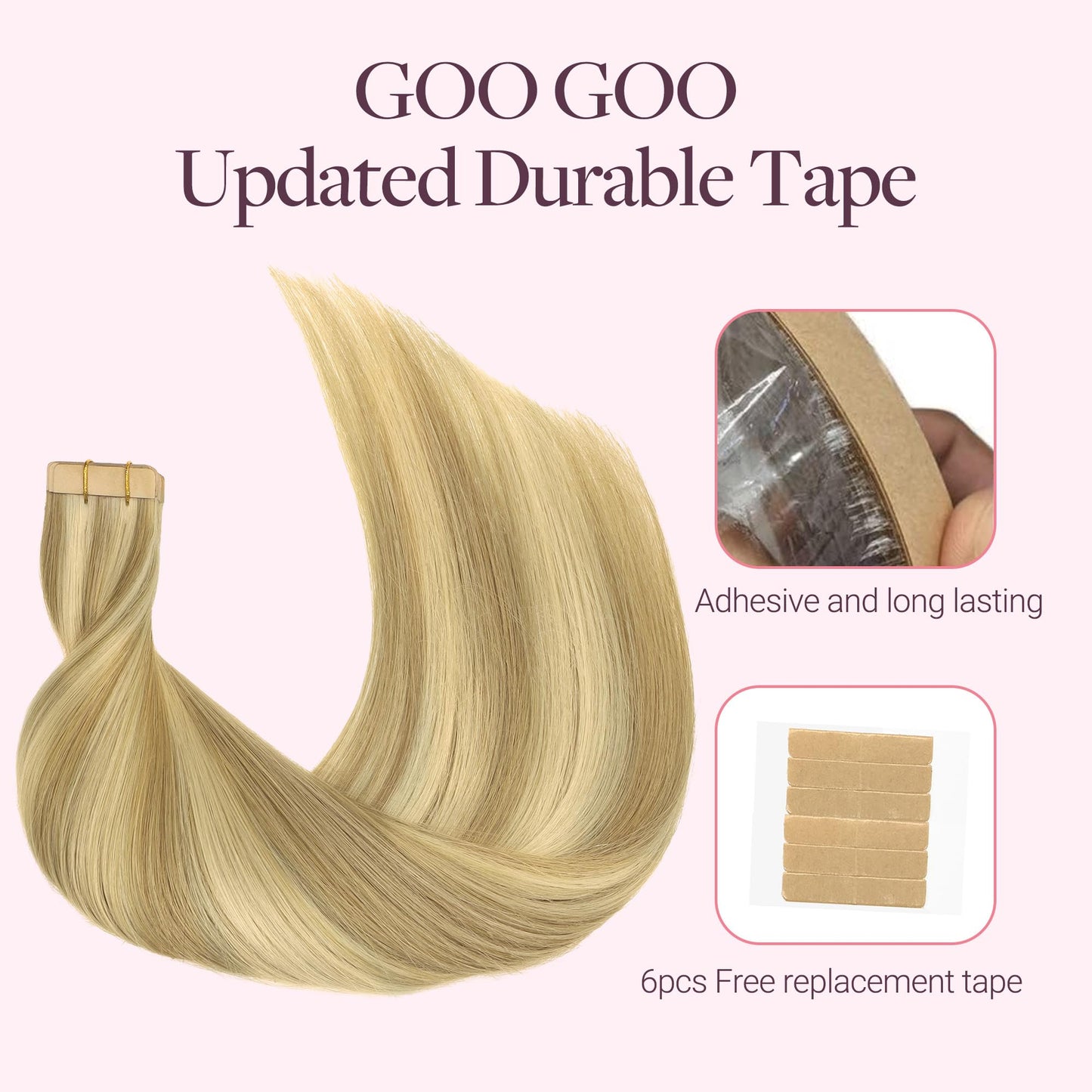 GOO GOO Tape in Human Hair Extensions Remy Invisible No Shedding Waterproof Tape Soft Silky Reusable for Daily Wear, 16/22 Light Blonde Highlighted Golden Blonde, 18inch 50g 20pcs