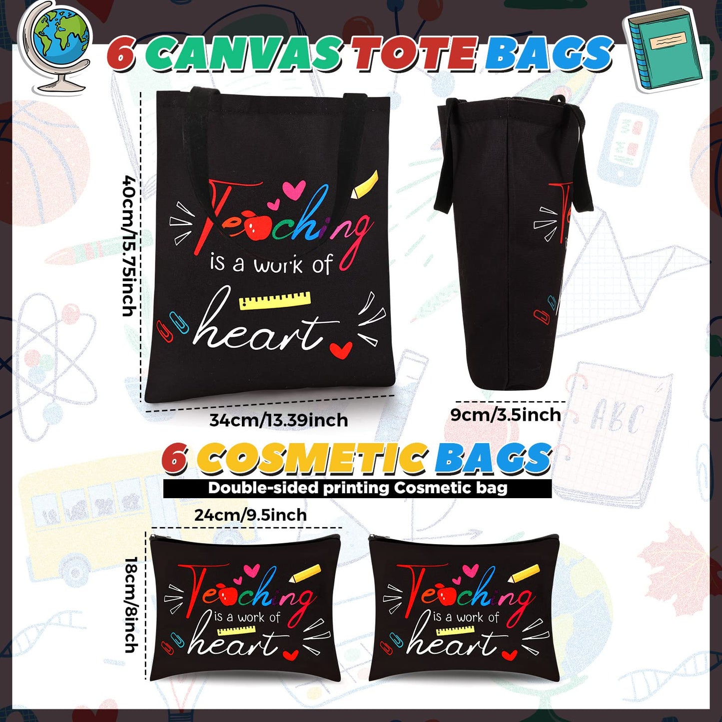 Kacctyen 12 Pcs Teacher Graduation Appreciation Gifts 6 Reusable Grocery Bag 6 Cosmetic Bags Thank You Women Gifts(Teaching is a Work of Heart)