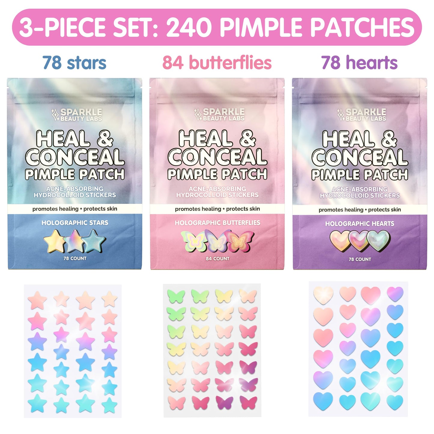 Sparkle Beauty Labs Heal & Conceal Holographic Cute Pimple Patch Bundle (240 Count) Iridescent Star, Heart & Butterfly Shaped Hydrocolloid Acne Patches for Face, Fun Hydrocolloid Zit Stickers