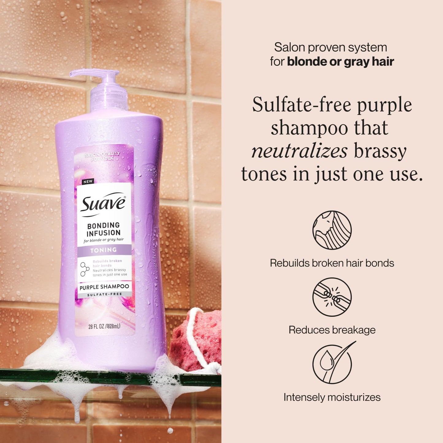 Suave Bonding Infusion Purple Toning Shampoo, for Neutralizing Brassy Tones in Blonde or Gray Hair & Repairing Broken Hair Bonds, 28oz Pump, 4 Pack