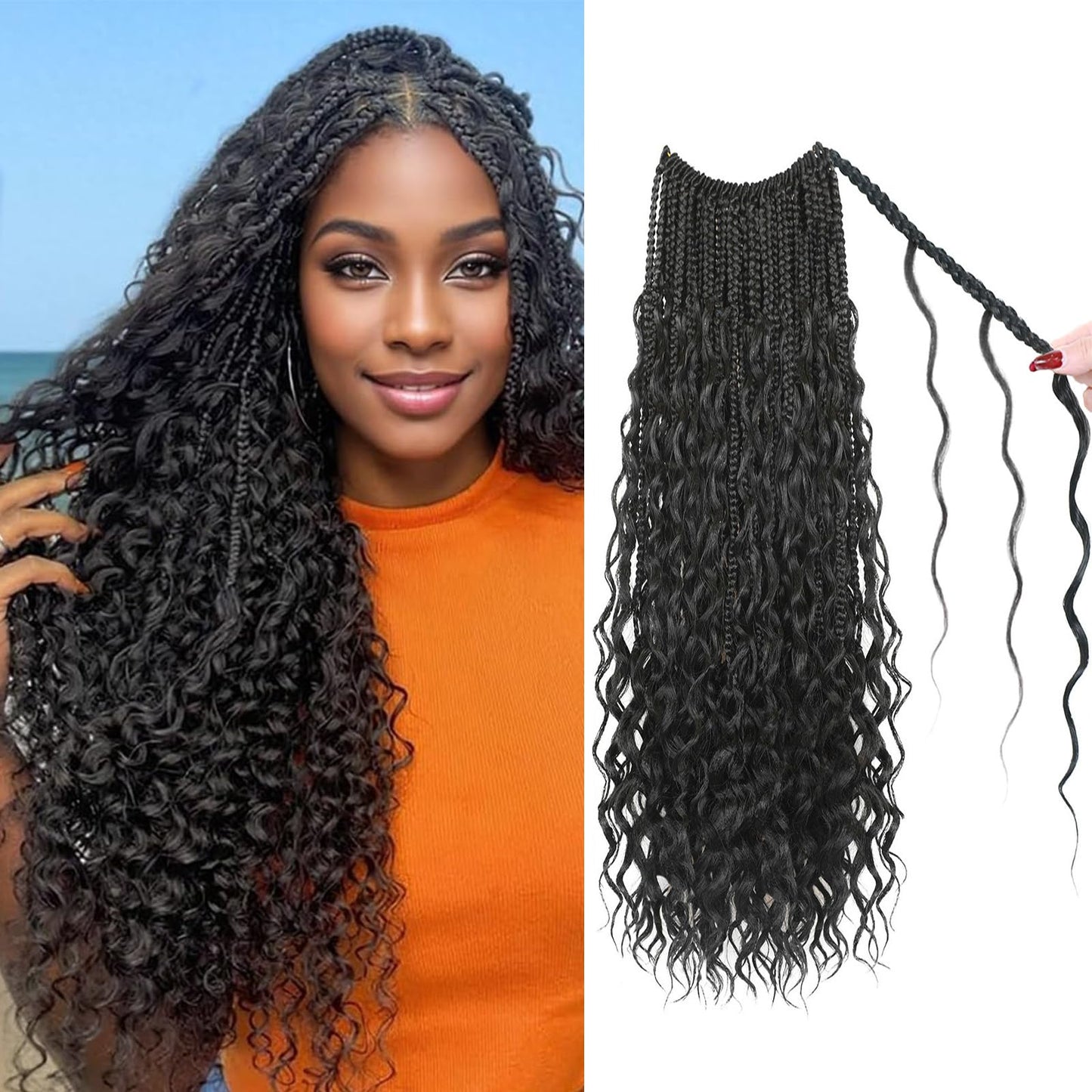9 Packs Boho Box Braids Crochet Hair 18 Inch Pure Protein Fiber Similar to Human Hair Goddess Box Braids Crochet Hair With Curly Ends Pre Looped Bohemian Braid Hair Extension For Women(18 Inch,1B#)