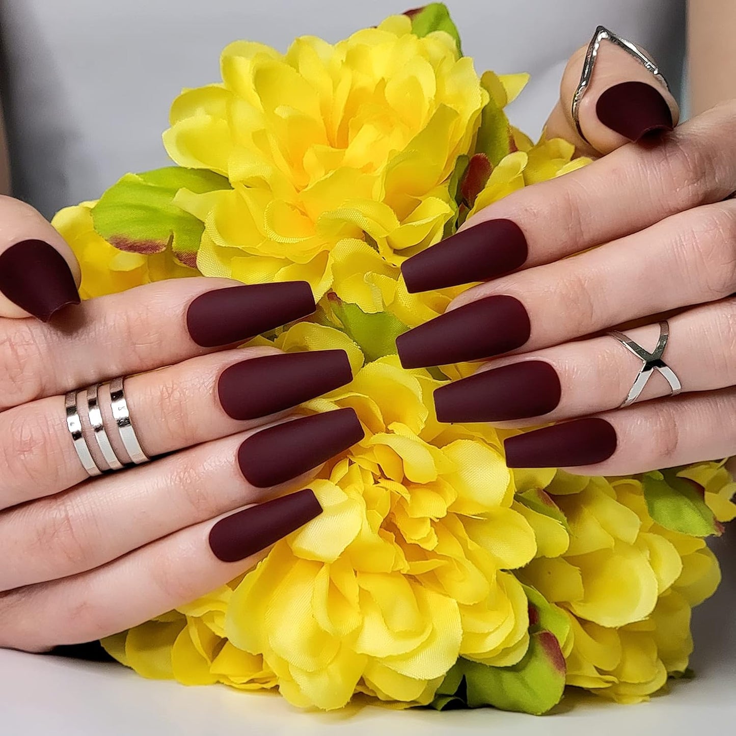 Press On Nails - Maroon Xtreme & Noir Matte Coffin | Trendy, Salon-Quality Reusable Nail Kit