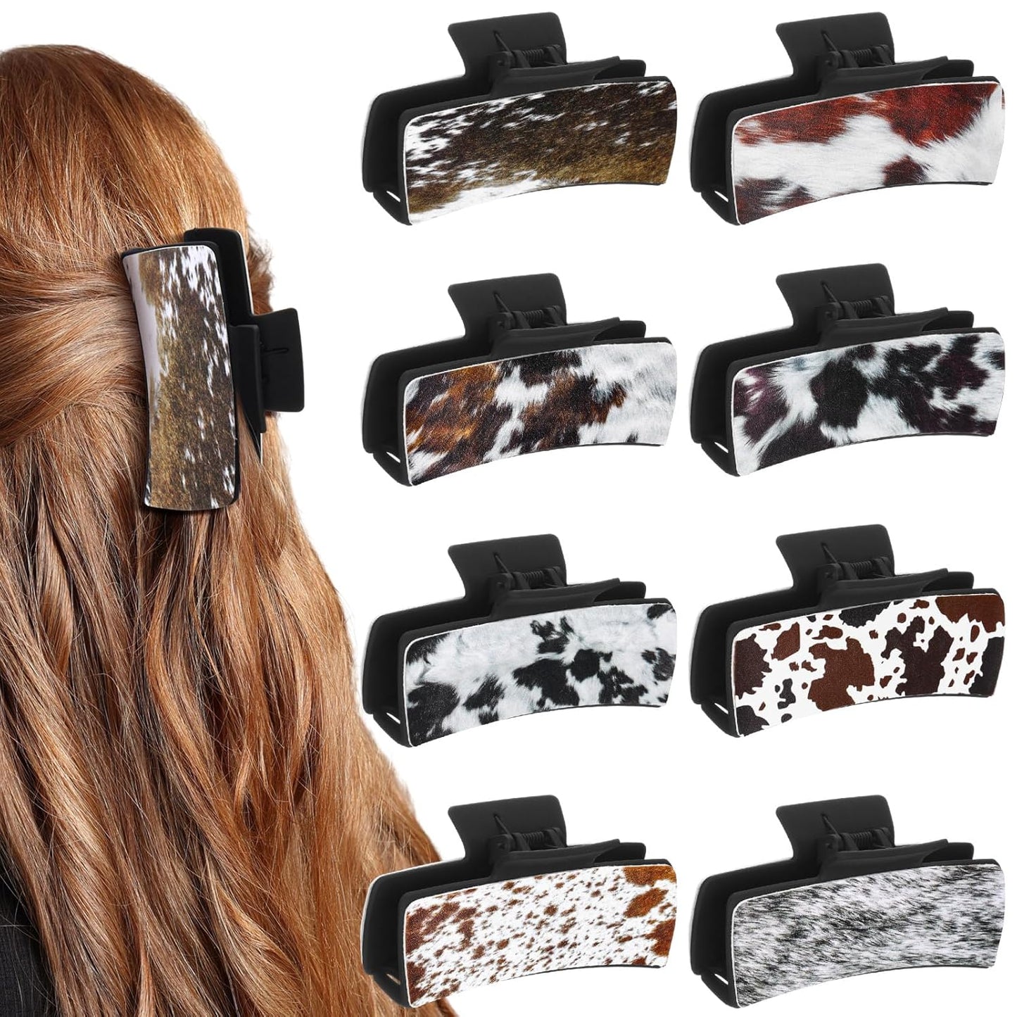Western Hair Claw Clips - 8 Pcs Cow Print Leather Accessories | Perfect Gift for Girls & Women