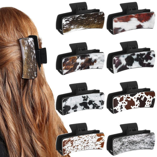 Western Hair Claw Clips - 8 Pcs Cow Print Leather Accessories | Perfect Gift for Girls & Women