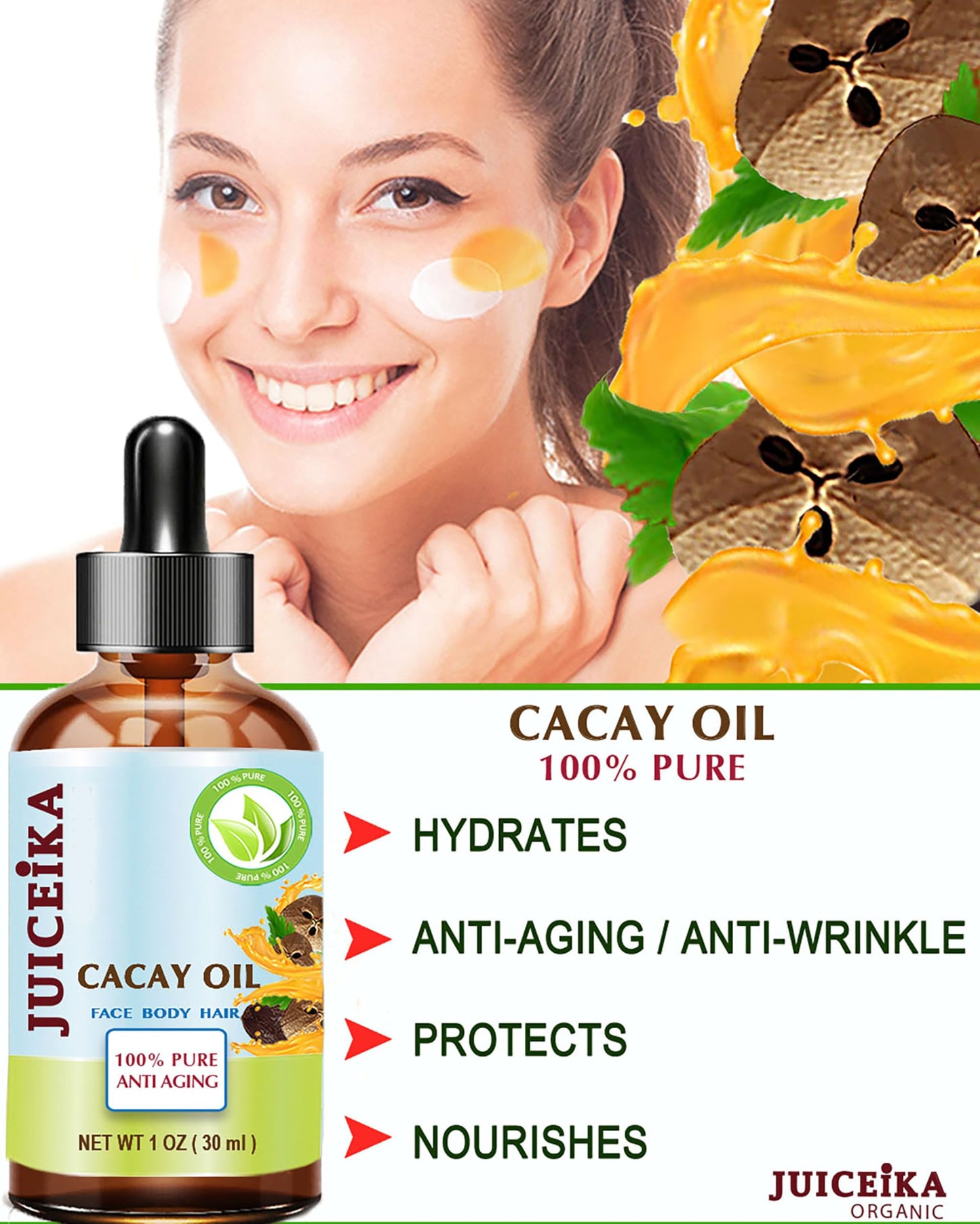 Juiceika CACAY OIL 100% Pure Natural Virgin Unrefined Cold-Pressed Carrier Oil 1 Fl oz 30 ml For Face, Skin, Body, Hair, Lip, Nails