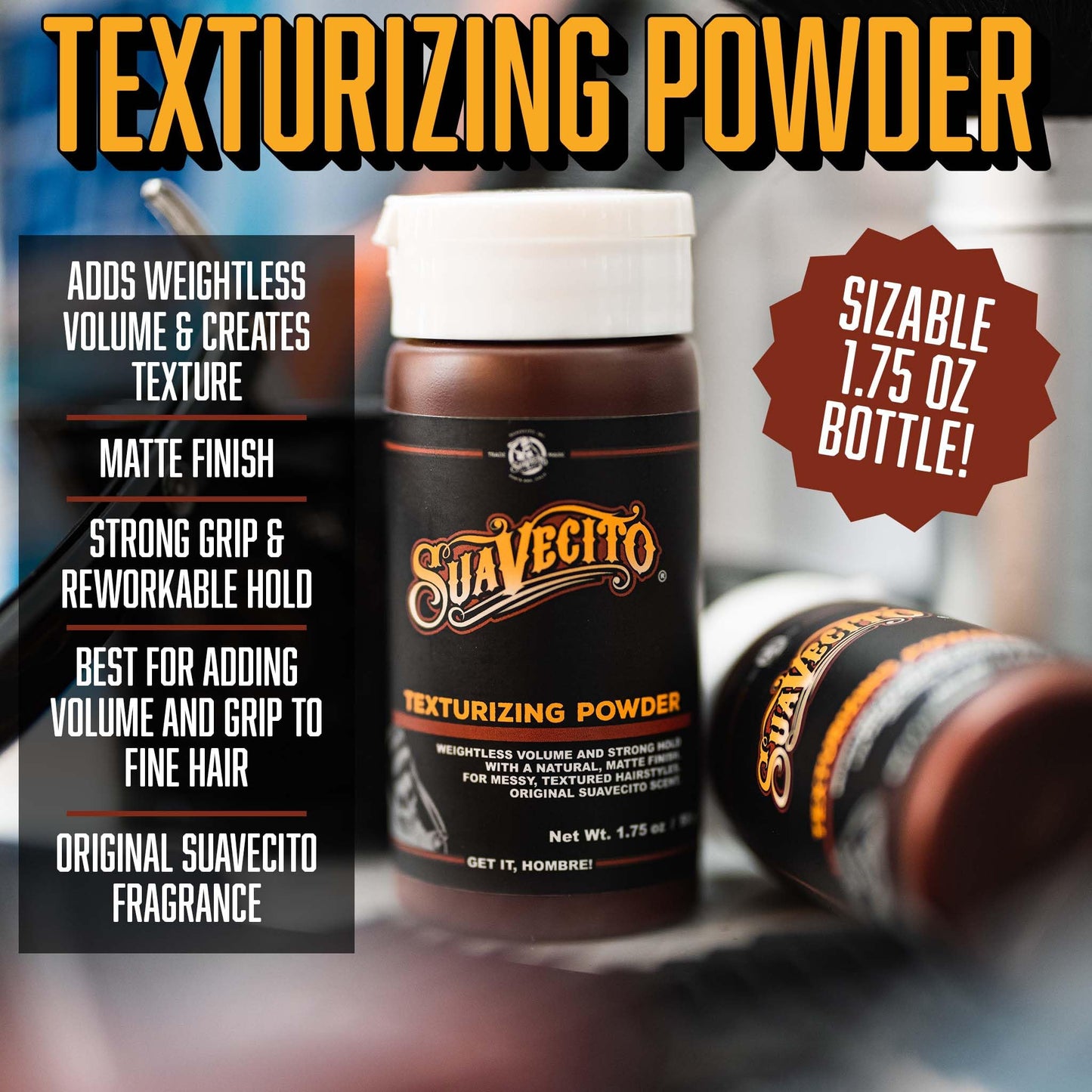 Suavecito Texturizing and Volumizing Hair Styling Powder with Shine Free Matte Finish and Strong Hold - No Mess, Oil Absorbing, Long Lasting - 1.75 oz