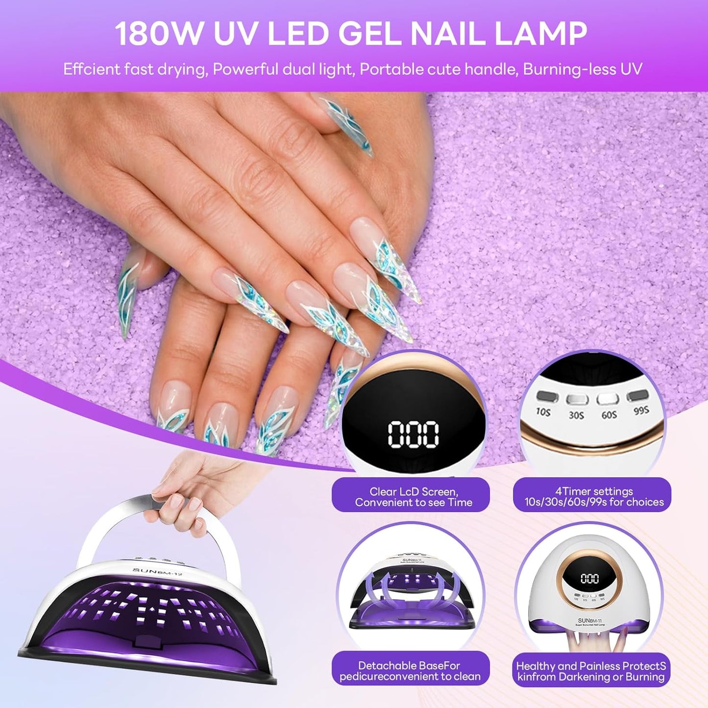 Professional 180W UV LED Nail Lamp - Fast Gel Nail Dryer with 4 Timer Settings & LCD Display
