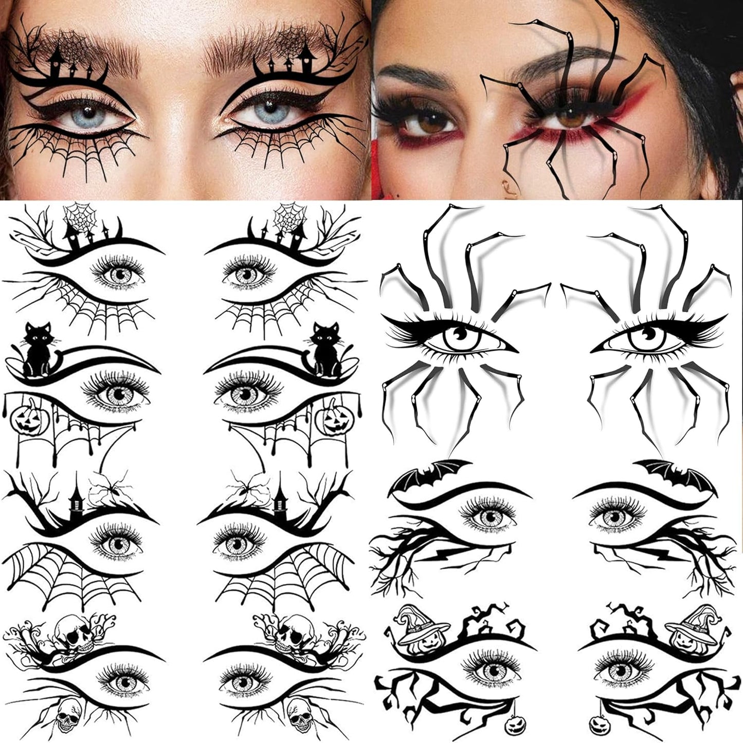Halloween Eye Shadow Temporary Tattoos - 7 Sheets of 3D Spider Web & Cat Skull Designs | Fun Makeup Accessories for All Ages
