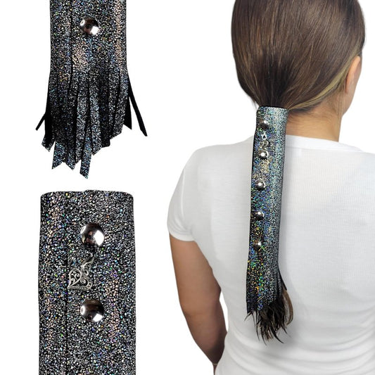 Silver Sparkle motorcycle Leather Hair Wrap 8" Inch - Ponytail protector & Long Hair Protector for Biker Helmet | Bling Motorcycle Accessories for Women with Fringe | Made in USA | Hair Accessory