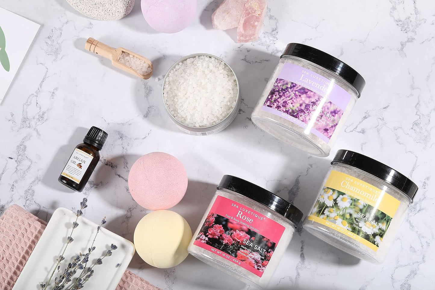 Spa Luxetique Bath Salts Gift Set - 8pcs Epsom Salt Soaking Set with Argan Oil, Lavender & Rose Scents | Perfect for Mother's Day & Christmas Gifts