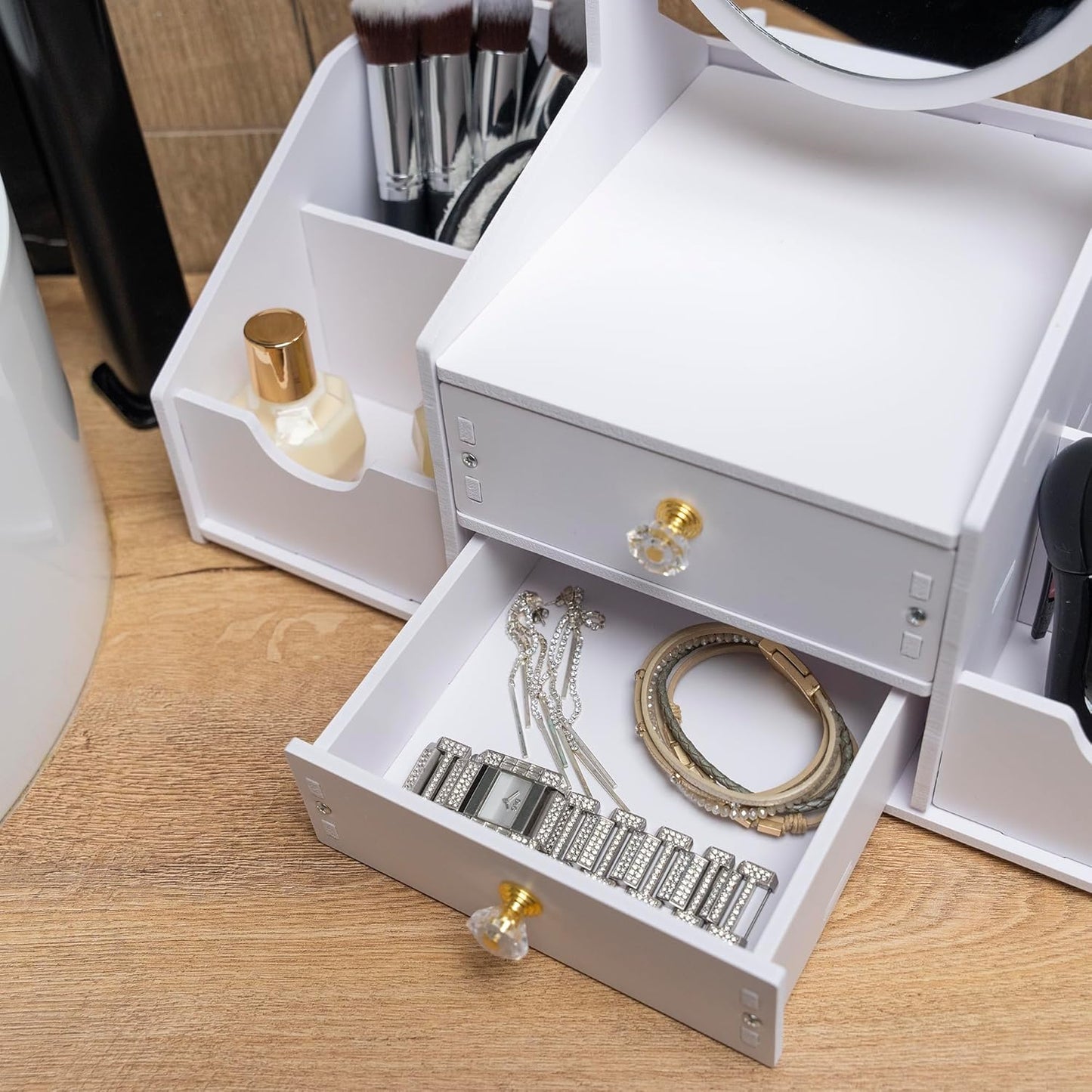 Wooden Makeup Organizer - Elegant Countertop Storage with Mirror & Drawers | Ideal for Brushes & Skincare