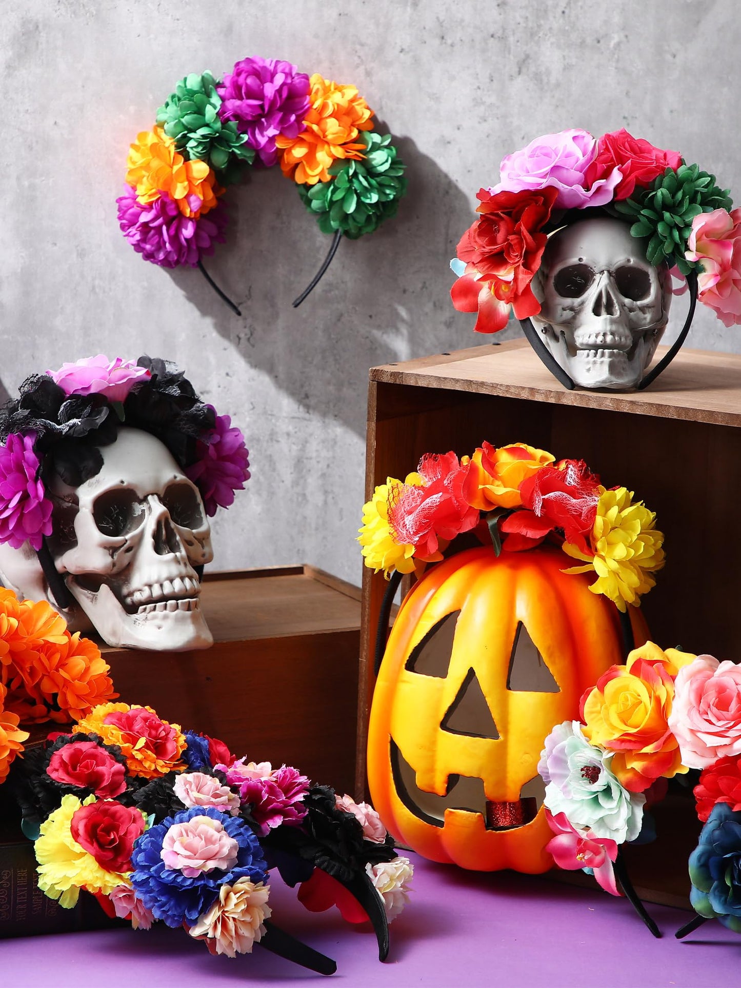 Zeyune Mexican Flower Headband Fiesta Rose Flower Crown Costume Mexican Headpiece for Women Party Cosplay Halloween(Bright Color,8 Pcs)