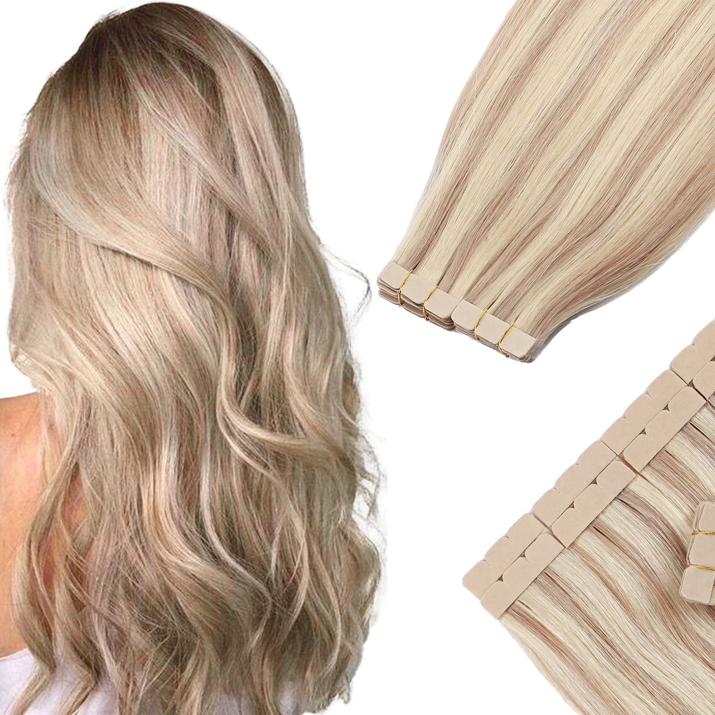 Benehair Tape in Hair Extensions Human Hair Balayage Ash Blonde Highlighted Bleach Blonde 20pcs 40g/pack Straight Hair Extensions Seamless Skin Weft Tape in Natural Hair (14", 18P613)