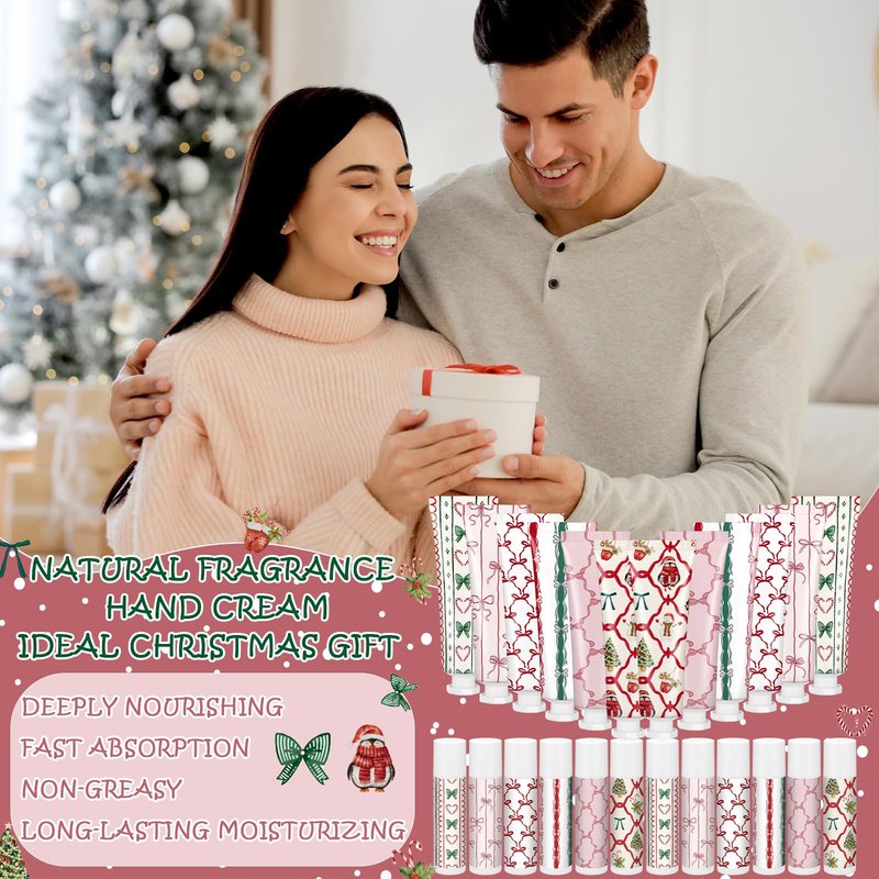 Dansib 24 Pcs 12 Sets Valentine's Day Hand Cream and Lip Balm Bulk Gift Set, 6 Scents Coquette Bow Valentine's Day Travel Size Hand Lotion Lip Care Gift for Women Staff Coworkers