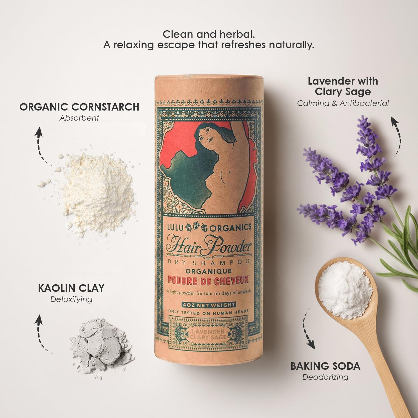 Lulu Organics Dry Shampoo Powder - Non-aerosol, Natural Dry Shampoo for Blonde or Oily Hair, Organic Body Powder, Paraben & Talc free No White Cast Synthetic Fragrance, Lavender and Clary Sage - 4oz