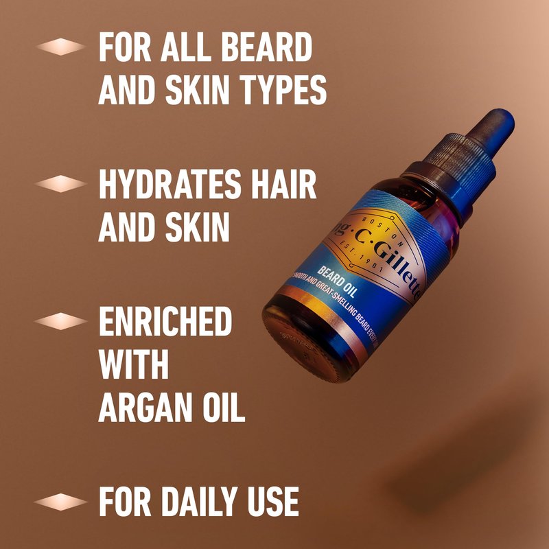 King C. Gillette Beard Oil for Men - Argan, Jojoba, Avocado, Macadamia Seed and Almond Oils - Moisturize and Soften Beard