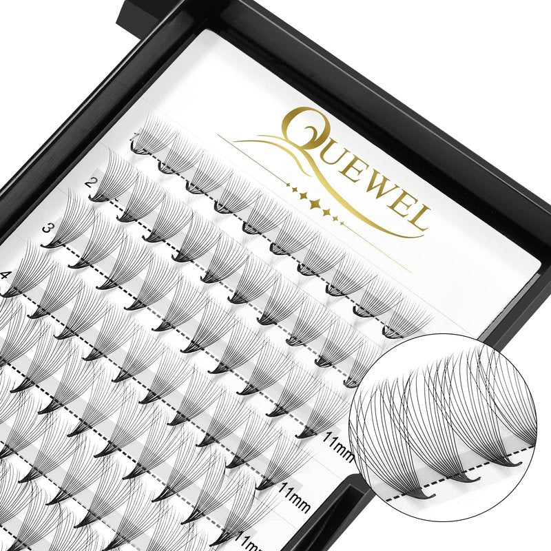 QUEWEL Premade Fans Middle Part 3D ～ 10D 12D 14D | 0.05/0.07/0.10 | Curl C/D | 10-18mm Length | Long Lasting Easy Application Long Stem Russian Volume Eyelash Extensions (14D-0.05C-11)