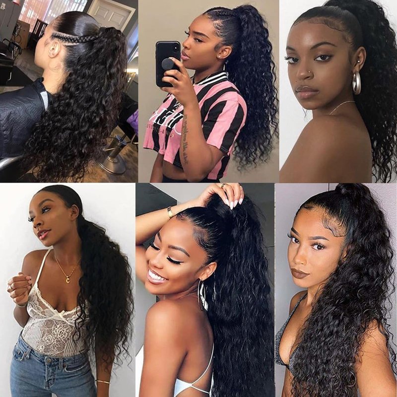 SAKALAKA Ponytail Extension Drawstring Human Hair Clip in Pony Tail Extensions for Black Women Curly Wave Thick Natural Looking Hair Pieces Water Wave Human Hair Ponytail（16Inch）