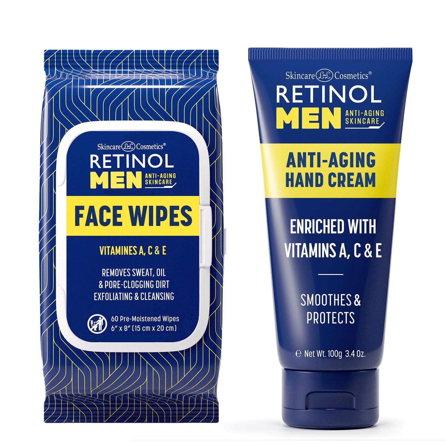 Retinol Men Anti- Aging Facial Wipes - Quickly cleanses Face from Sweat, Oil and Pore-Clogging Dirt without any heavy residue + Retinol Men Anti-Aging Hand Cream For Younger Looking Hands