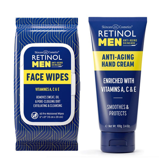 Retinol Men Anti- Aging Facial Wipes - Quickly cleanses Face from Sweat, Oil and Pore-Clogging Dirt without any heavy residue + Retinol Men Anti-Aging Hand Cream For Younger Looking Hands