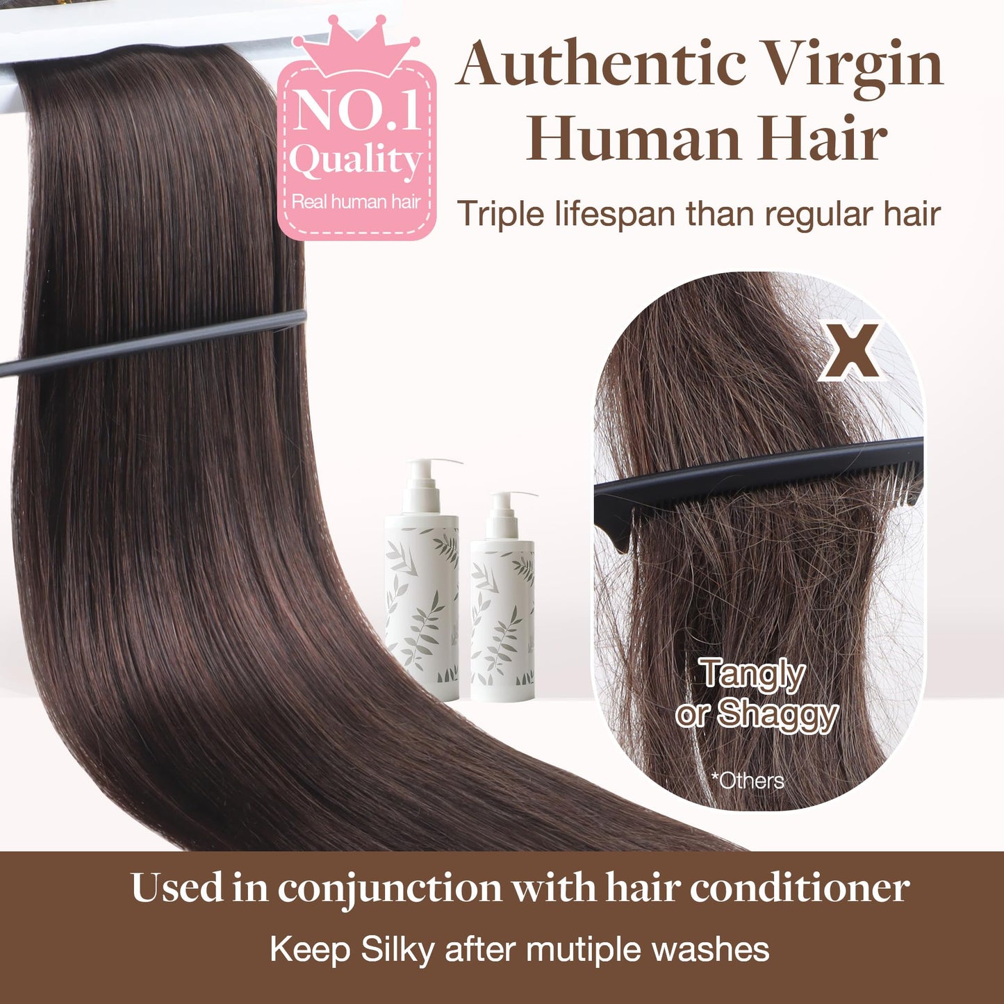 GOO GOO Genius Weft Hair Extensions Human Hair, Sew In Hair Extensions Rooted Remy Weft, 2 Dark Brown 14inch 40g, Hand Tied Weft Hair Extensions