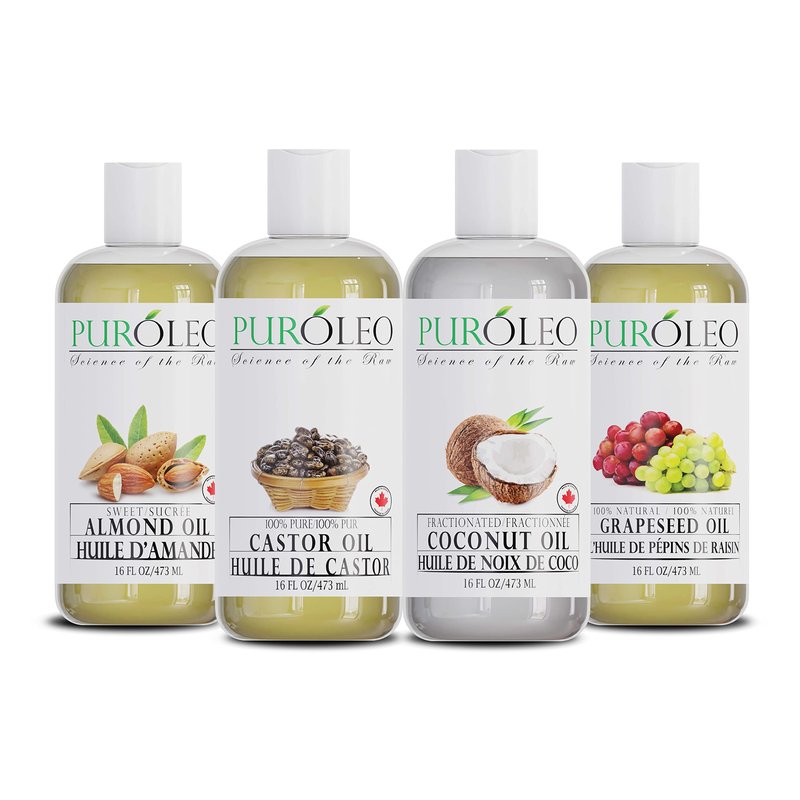 PURÓLEO Carrier Oil Gift Set- 4 Pack - Coconut Oil- Almond Oil - Castor Oil - Grapeseed Oil - 100% Natural Moisturizing Massage 4 Pc (4 Fl Oz)