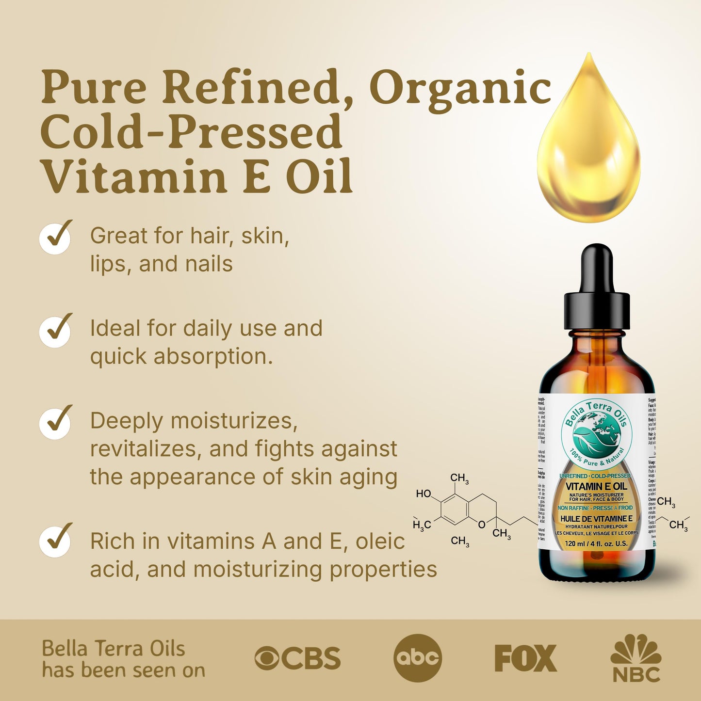 Bella Terra Oils Natural Vitamin E Oil 4oz – Wheat Germ Derived D-Alpha Tocopherol Oil for Face, Body & Hair
