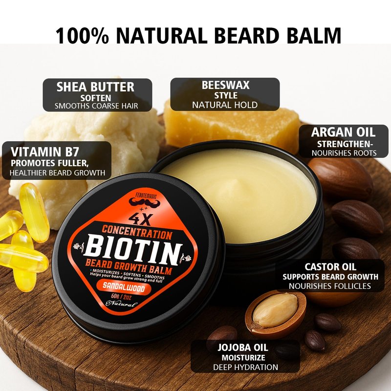 FEBOTE Biotin Beard Growth Balm for Men – Conditioning Balm with Castor, Shea & Jojoba Oils to Condition, Soften & Thicken Facial Hair – Non-Greasy, Sandalwood Scent – 2 oz Grooming Kit