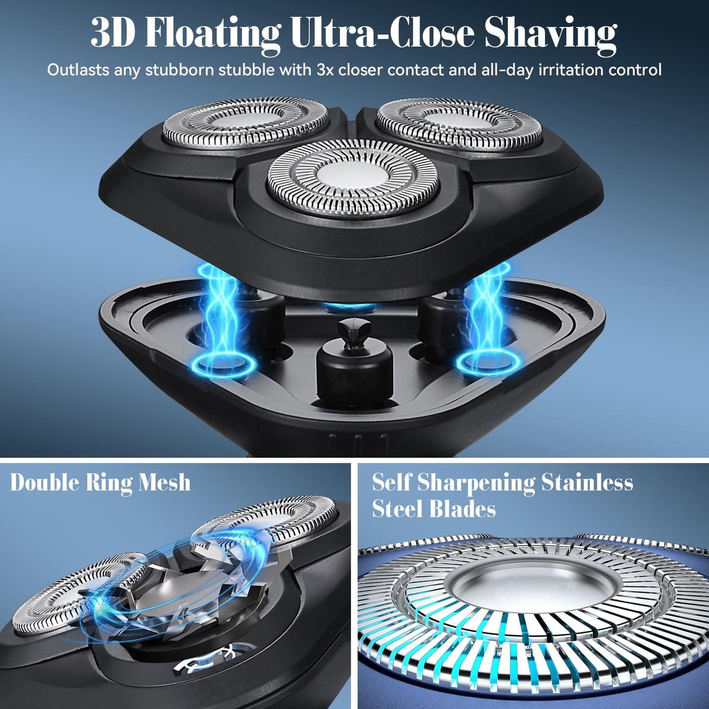 Electric Razor for Men,3 in 1 Men's Rotary Shavers with Charging Stand, IPX7 Waterproof Hygiene Trimmer for Beard/Nose/Sideburns, USB-C Fast Charging, LED Display Travel Lock,Matte Black