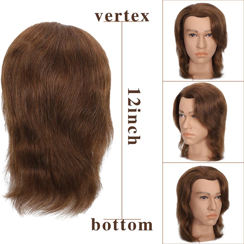 TKIMHEQ 12" Male Mannequin Head with 100% Human Hair Haircut Training Head for Cosmetology Straight Thick Hair Manikin Head Doll Head with Stand Practice Cutting Styling (Brown#)