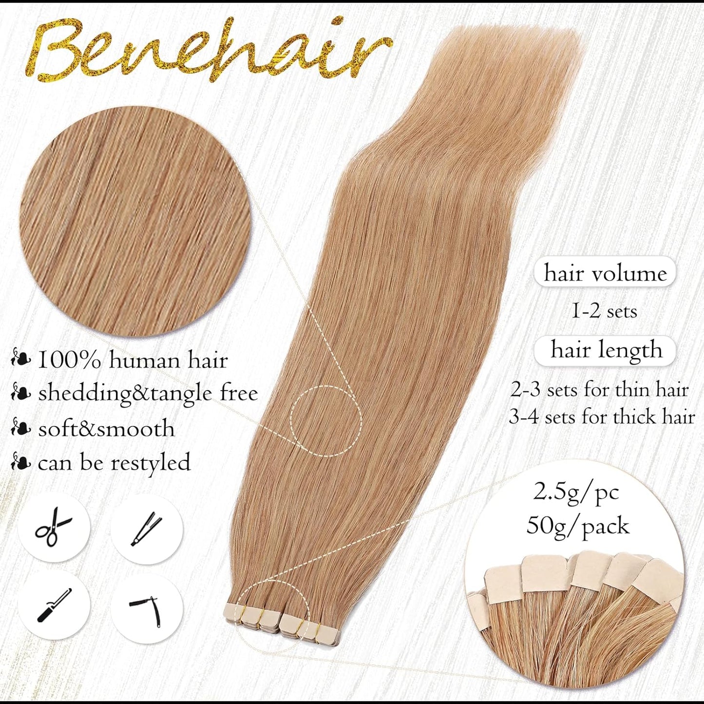 Tape-In Hair Extensions - 20pcs Human Hair Seamless Weft - #27 Dark Blonde, 16" Length