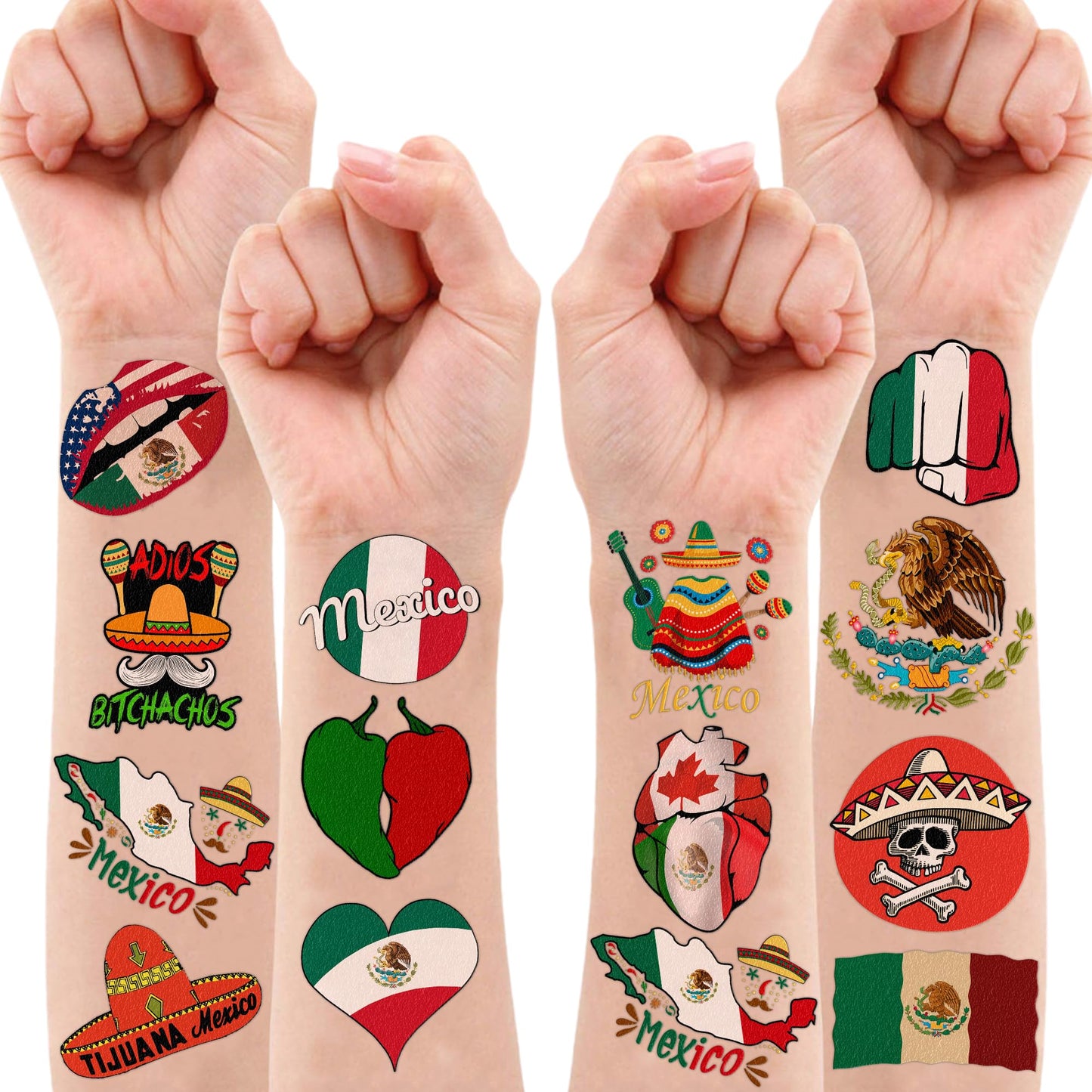 Mexico Independence Day Temporary Tattoos - 100 Pcs (10 Sheets) Viva Mexican Themed Fake Tattoos for Kids & Adults, Party Favors & Decorations