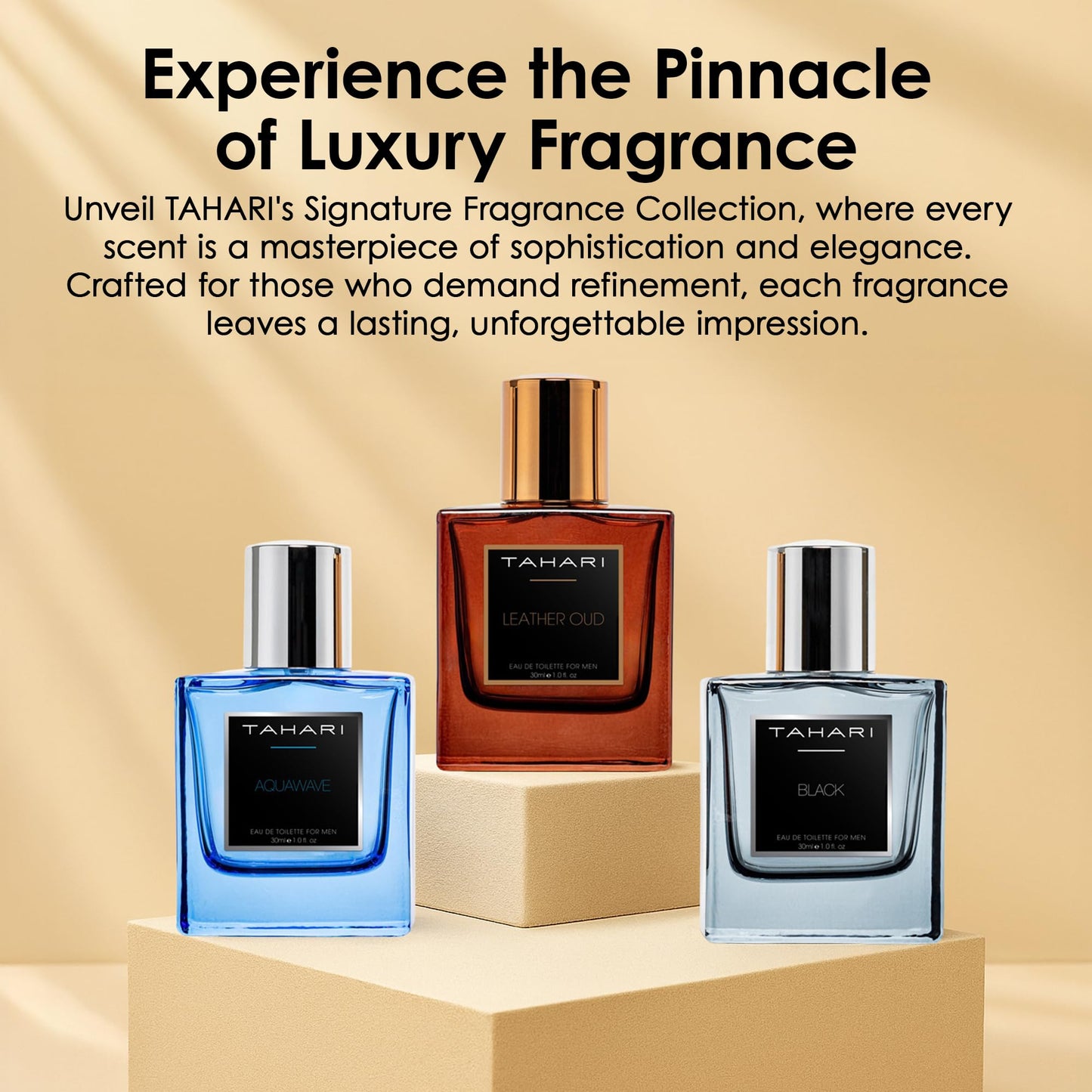 TAHARI Men’s Eau de Toilette Trio Set for Men – Leather Oud, Aquawave & Black Scents – Luxury Fragrance Collection with Rich, Long-Lasting, Contemporary Masculine Aromas, 3 x 1.0 fl oz / 3 x 30 mL.