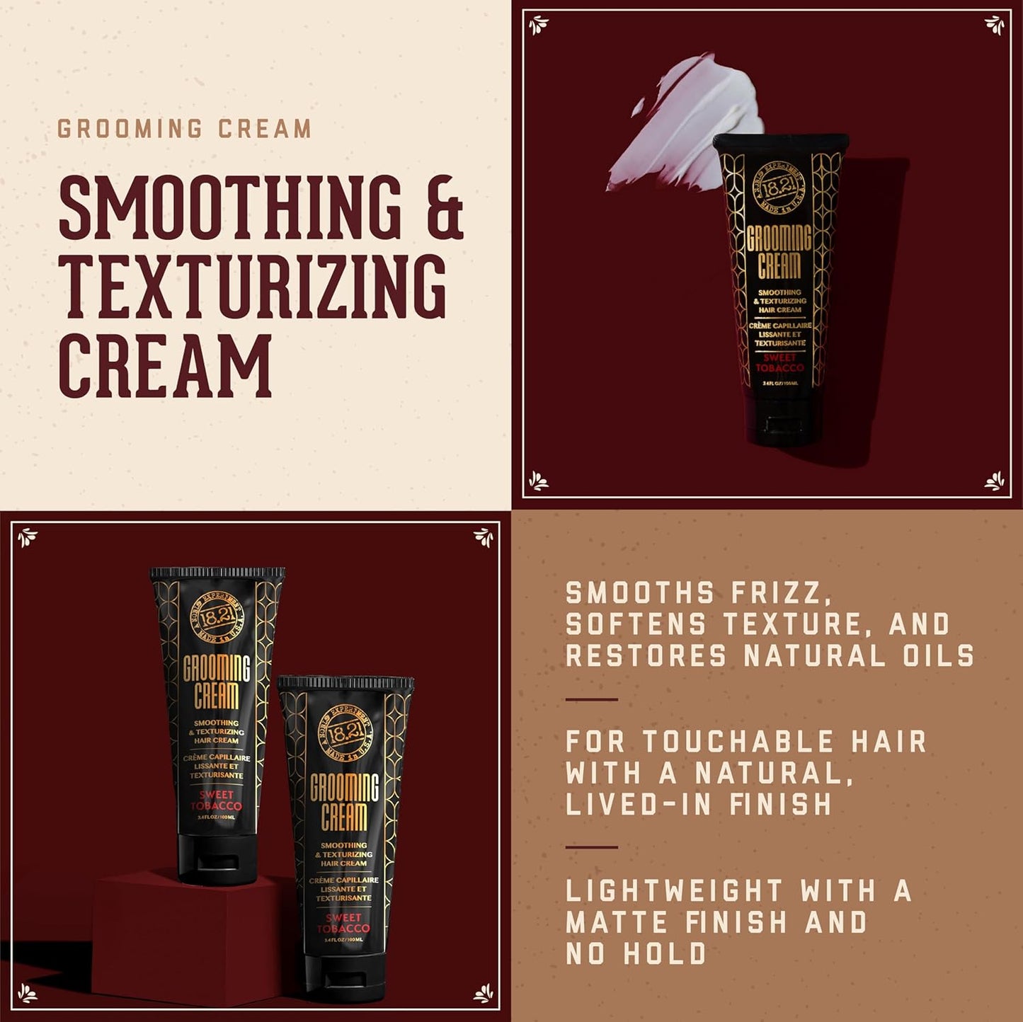 Grooming Hair Smoothing & Texturizing Cream for Men - Frizz Control, Lightweight Hold | 3.4 oz
