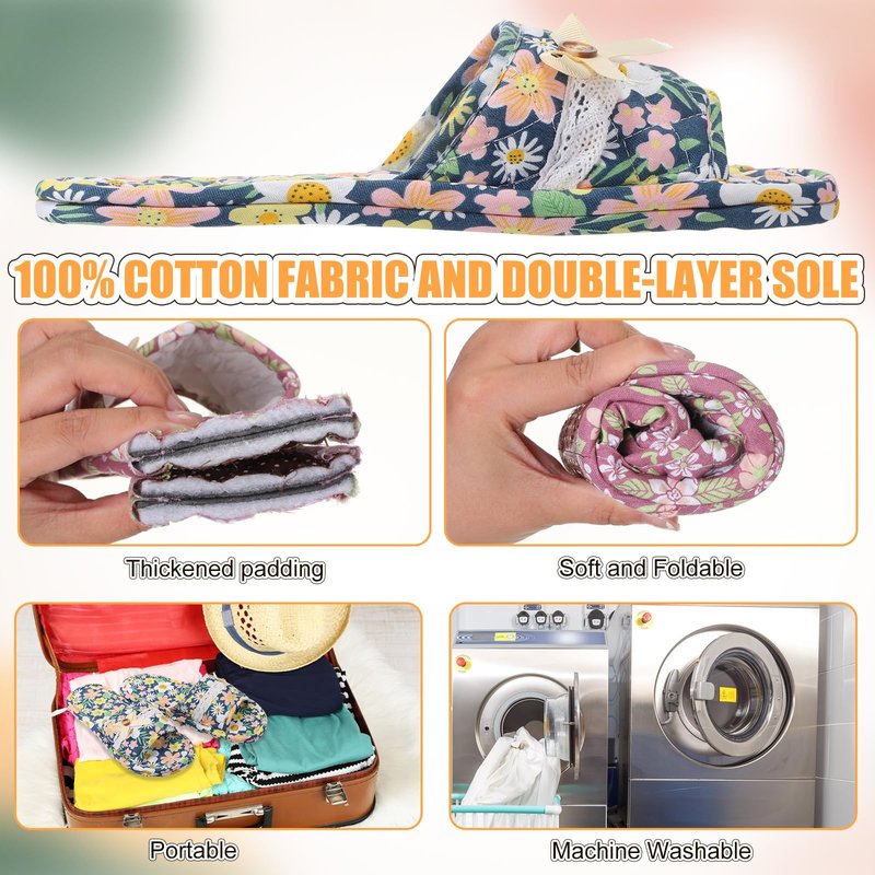 Chuarry 10 Pairs Floral Cotton House Slippers for Guest Women Washable Indoor Cotton Slippers Comfortable Soft Open Toe Slipper Portable Foldable Slipper for Hotel Travel Airplane Spa, 2 Sizes