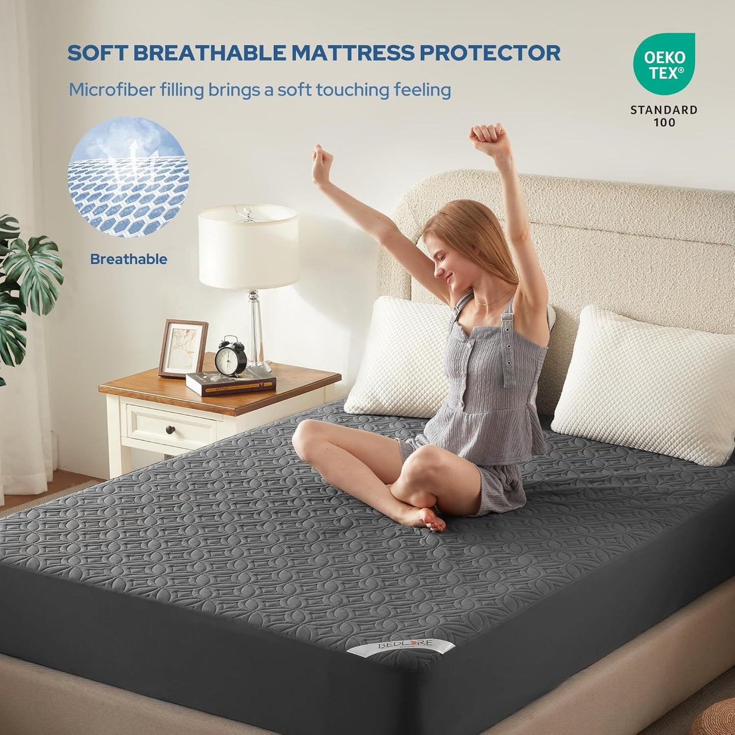 Waterproof Mattress Protector - Queen Size Noiseless Pad | Deep Pocket 6"-18" Depth, Soft & Breathable Gray Cover