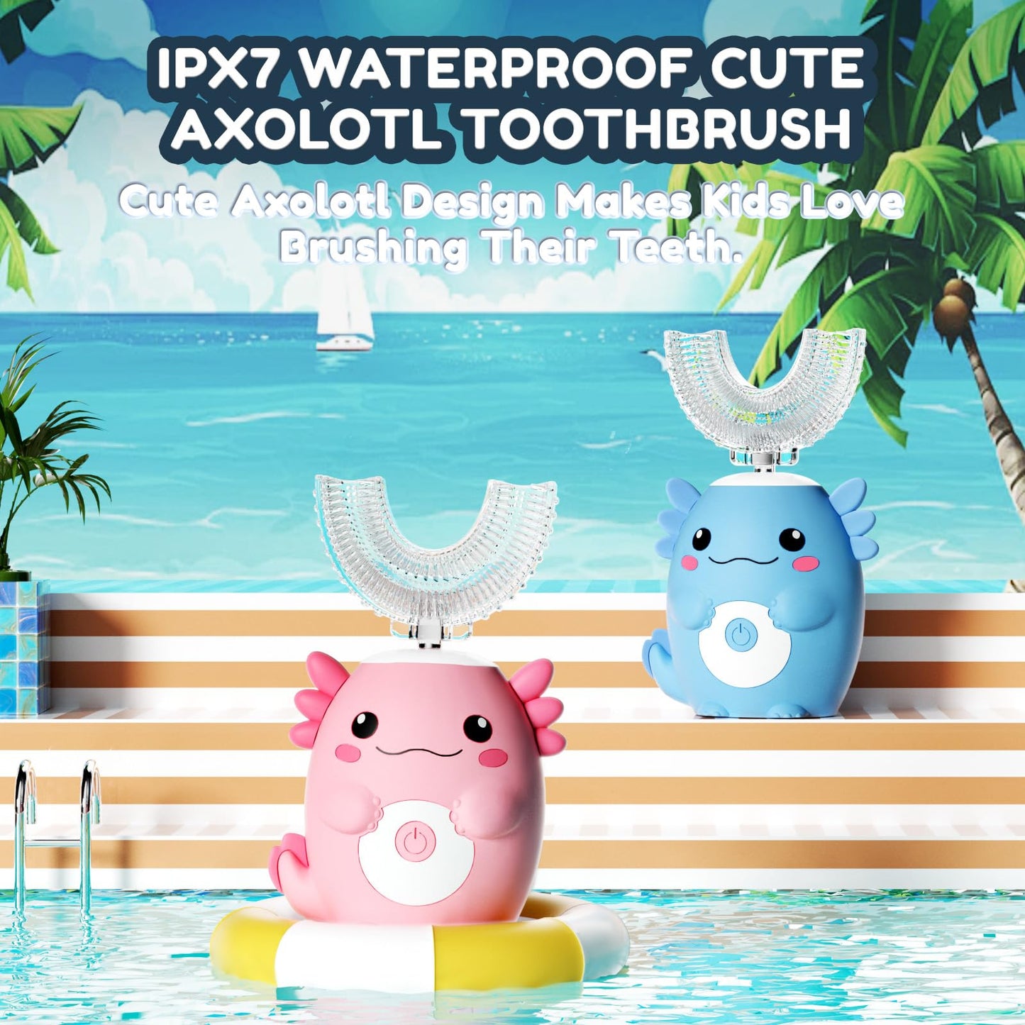 Kids Electric U Shaped Automatic Toothbrush,Cute Axolotl-Age 2-15 Pink