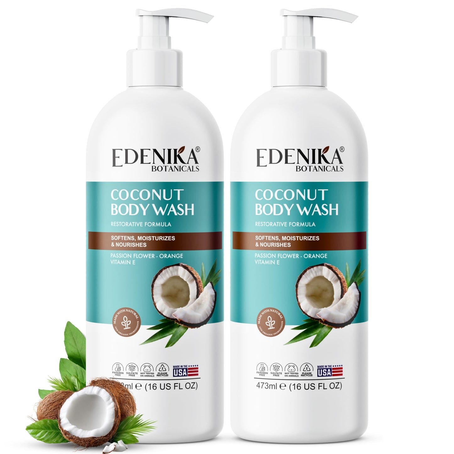 EDENIKA BOTANICALS Coconut Body Wash, Cleans, Softens & Nourishes, Ultra Moisturizing Shower Gel for Dry and Sensitive Skin, Women & Men, Organic & Natural, 16 fl oz, 2-Pack