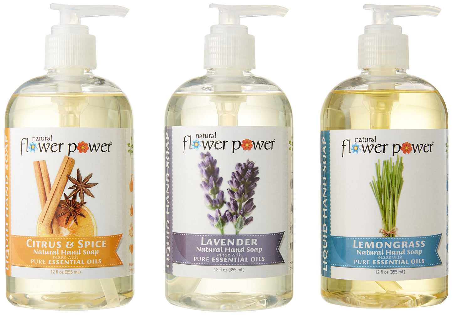 Natural Flower Power Liquid Hand Soap Variety Pack, Citrus and Spice/Lavender/Lemongrass, 12 oz.